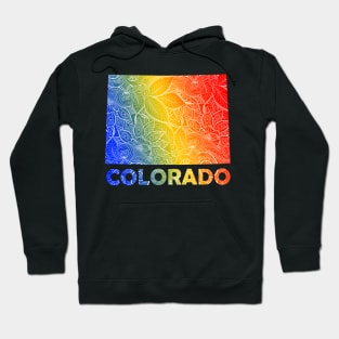 Colorful mandala art map of Colorado with text in blue, yellow, and red Hoodie